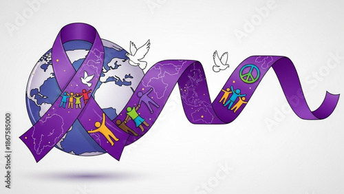 Purple awareness ribbon wrapped around the earth with peace signs and people illustrations symbolizing