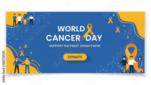 World cancer day awareness banner with people supporting cancer research and donation call to action