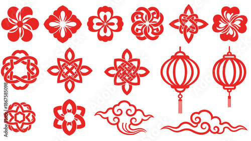 Traditional Chinese New Year Paper Cut Decorations and Lanterns