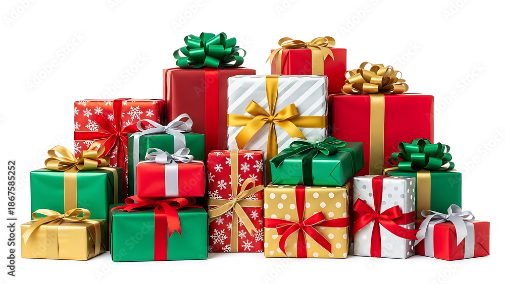 Fototapeta premium Stack of colorful christmas gifts on white background