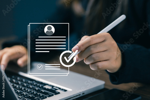 A recruiter reviewing a digital resume with approval icons, representing hiring decisions, recruitment process, HR management, candidate evaluation, and professional talent selection systems.