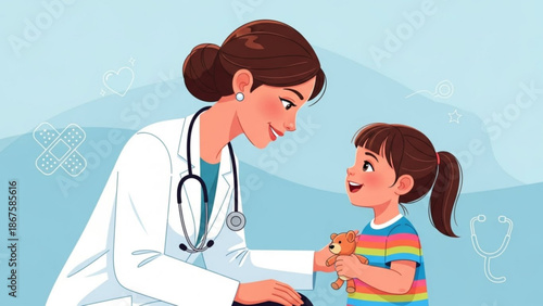 Female pediatrician in white coat smiling at young girl holding teddy bear in clinic