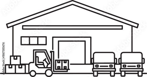 Vector  illustration of Warehouse building with forklift and delivery trucks isolated on transparent background.