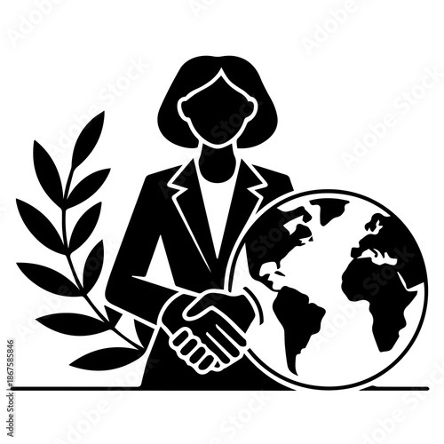 Global Partnership: A symbol of unity and collaboration features a female figure shaking hands with the world, encircled by olive branches, representing peace, harmony, and global cooperation.