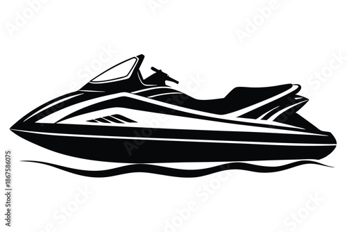 Sport Jet Ski Silhouette Black and White Graphic, Personal Watercraft Icon for Boating and Lake Activity Illustration