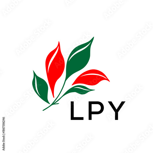 Modern Nature Inspired Logo with Red and Green Leaves, LPY Later Logo, Abstract Botanical Logo with Elegant Typography , 
