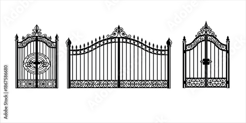Ornate metal gate with decorative elements and pointed fins