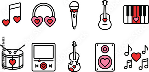 Valentines Day Music Icons Set with Hearts, Headphones, Microphone and Instruments Vector