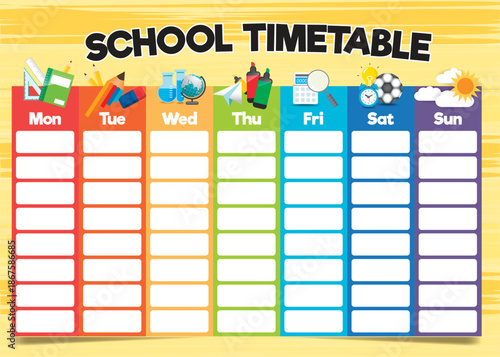School timetable template with colorful days of the week