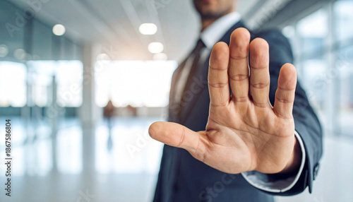 A man in a suit extends his hand with an open palm in a gesture of stopping or refusing. The person shows a clear signal of objection or denial in a professional setting