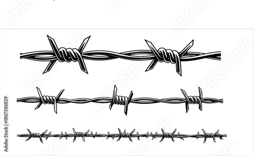 Barbed wire illustrations in black and white with various twists and sharp points