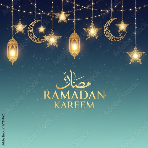 Ramadan Kareem greeting with golden lanterns, crescent moons and stars on blue background, festive Islamic design
