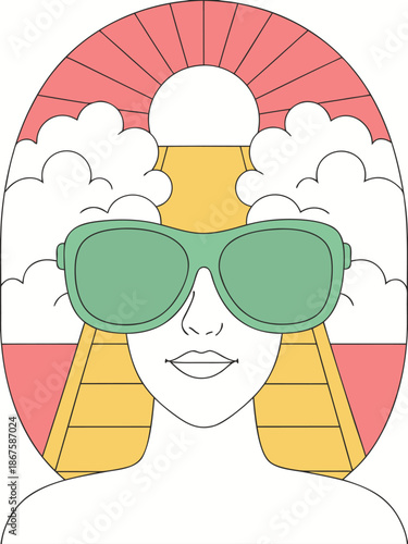 Woman wearing large green sunglasses looks towards a stylized sunrise or sunset with clouds and a yellow path in a vibrant retro illustration.