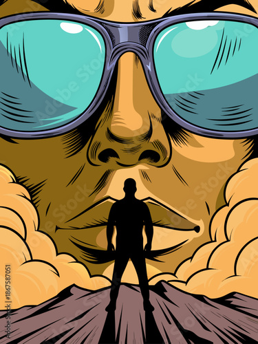 Person's silhouette stands on a path, facing a towering, stylized face with large sunglasses emerging from clouds, creating a surreal and introspective scene.