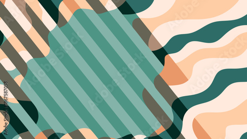 Abstract background features a dynamic composition of overlapping geometric shapes, including diagonal stripes and organic wavy patterns, in a harmonious palette of teal, beige, and brown tones.