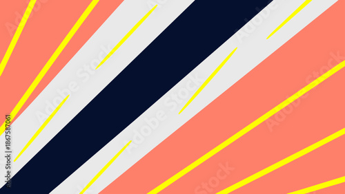 Geometric graphic background features a central dark blue diagonal stripe flanked by light grey lines, all set against a coral pink backdrop with radiating yellow lines suggesting a stylized pathway.