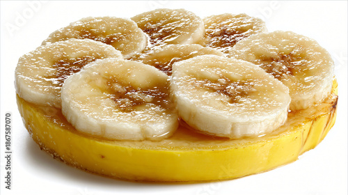 Banana slices on cake top dessert, Homemade banana fruit dessert cake
