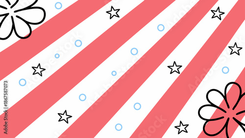 Red and white radial stripes background adorned with scattered stars, circular bubbles, and outline flower shapes, creating a whimsical and cheerful illustration.