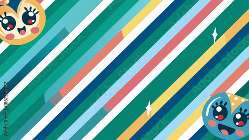 Colorful striped background with adorable cartoon characters in the corners creating a playful and vibrant abstract design, perfect for children's themes or digital presentations.