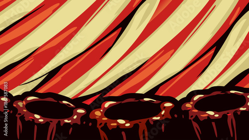 Red and cream diagonal stripes pattern with dark, viscous liquid dripping below, creating an intense and visually striking abstract background illustration.