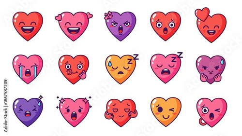 Collection of cute heart emojis with various happy and sad expressions