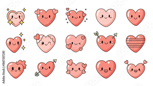 Cute cartoon hearts with smiling faces and playful expressions