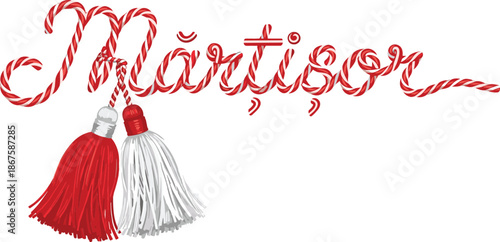Martisor holiday typographic vector with red and white braided cord script lettering and decorative tassels for spring celebration.