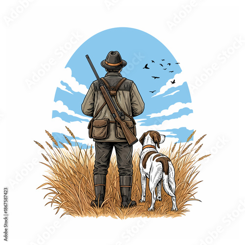Hunter with a pointer dog standing in a field watching birds in the sky under a blue horizon