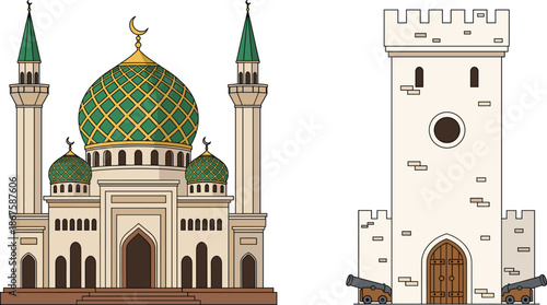 Flat vector illustration of a traditional Islamic mosque with green dome and minarets alongside a medieval stone defense tower with cannons for historical architectural design.