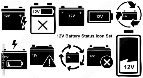 12 Volt Car Battery Status Icon Set Silhouette Glyph Vector