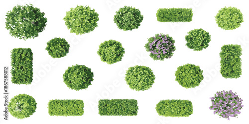 A collection of isolated top view green bushes and rectangular hedges for landscape design.