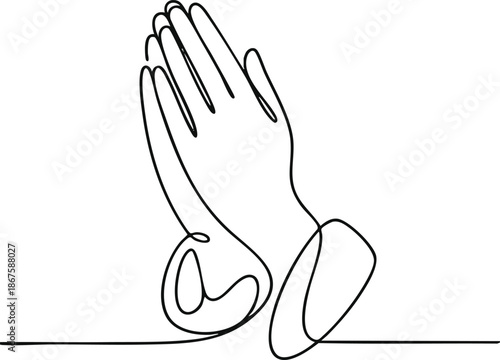 Minimalist continuous line art drawing depicting hands clasped together in a gesture of prayer, contemplation, or devotion, symbolizing spirituality, hope, and inner peace on a plain background