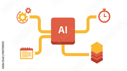 A modern flat design illustration depicting artificial intelligence at the center of various interconnected technological processes and data management.