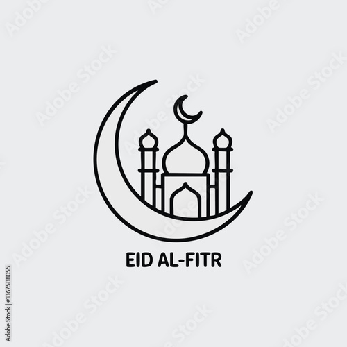 Elegant line art icon depicting a mosque and crescent moon, signifying the celebration of Eid al-Fitr, a significant Islamic holiday for feasting and community joy