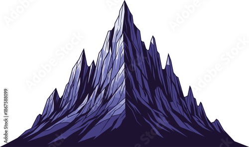Flat vector illustration of a majestic blue mountain peak with jagged rocks and ridges for outdoor adventure climbing and nature landscape design.