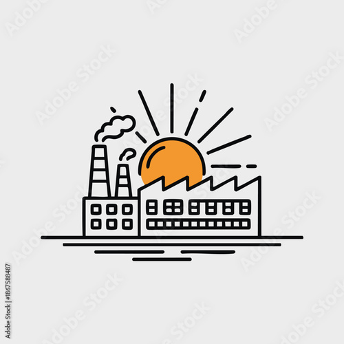 Industrial factory building with smoking chimneys and a rising sun in a minimalist line art icon style, representing manufacturing, energy, and environmental impact