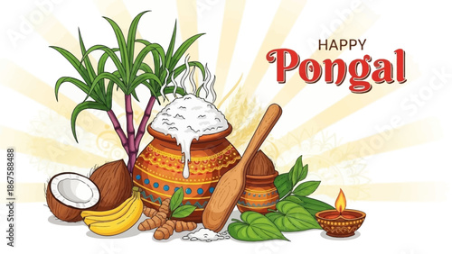 Tamil Nadu festival Happy Pongal with Pongal props, holiday Background, pongal celebration greeting card, vector illustration design