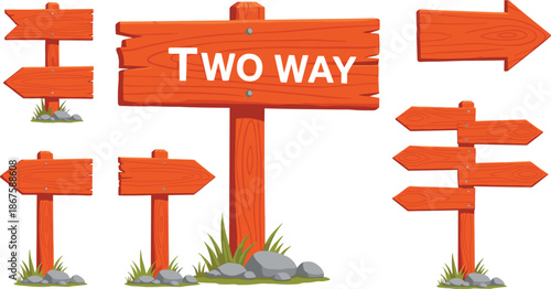 Set of rustic wooden directional signposts and arrow boards with grass and stones for nature trails park navigation wayfinding and outdoor advertising.