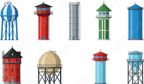 Set of flat vector industrial towers and storage tanks including water towers, silos, watchtowers, and gas containers for infrastructure and utility design.