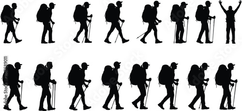 PSilhouettes of hikers with backpacks and trekking poles walking in sequence, raising arms in celebration representing outdoor adventure and achievement
