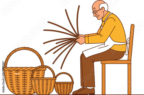 Senior man basket weaver craftsman sitting on chair weaving traditional wicker baskets handmade artisanal craft concept vector illustration isolated on white.