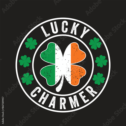 Lucky charmer st patricks day clover badge style emblem design with irish colors