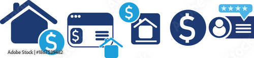 Property finance and real estate service icons with home, payment and user rating symbols in flat vector style