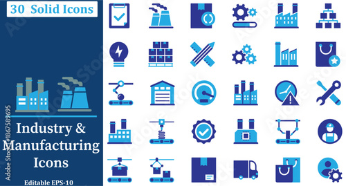 industry and manufacturing solid icons set for factory production logistics engineering and smart industry fully editable eps 10