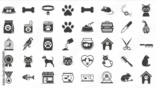 Flat Vector Pet Care Icon Grid Set in Dark Gray Minimalist Style on White Background