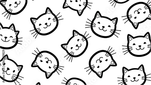 Minimalist Black Line Art Cat Face Pattern Seamless Cartoon Design on White