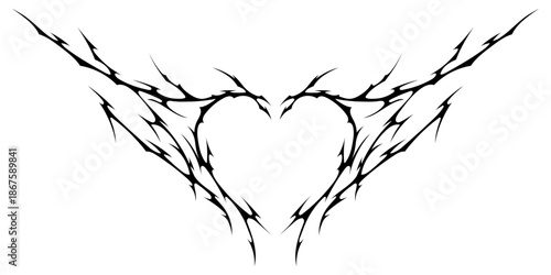 Neo tribal heart. Cyber tattoo shape. Vector horizontal gothic symbol for Valentines day, rock designs, Halloween. Black decorative sign in flat style isolated on a white background.