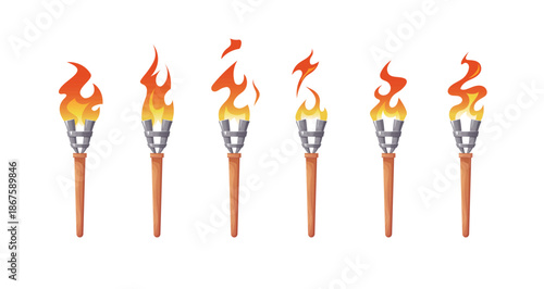 Torch animation sprite sheet. Burning fire sequence for 2d games. Ancient medieval torchlights. Set of looping flame effects for cartoon video projects. Vector isolated on a white background