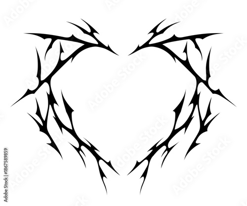 Neo tribal heart. Y2k tattoo icon. Vector gothic symbol for Valentines day, rock designs, Halloween. Black decorative sign in flat style isolated on a white background.