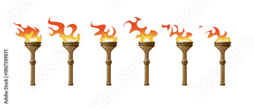 Torch animation sprite sheet. Fire sequence for 2d games, set of looping flame effects for cartoon video projects. Burning Hawaii beach torchlight. Vector illustration on a black background